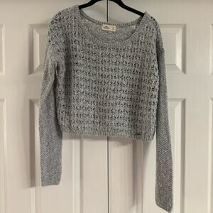 Hollister Women’s Cable Knit Gray Sparkle Glitter Crewneck Sweater Cropped Sz M